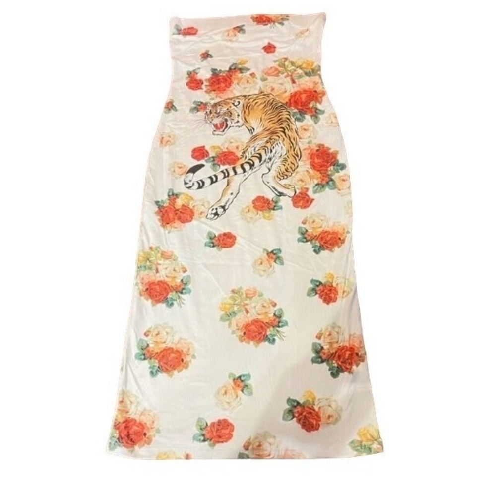 Miroh Tiger and Rose Graphic Strapless Bodycon Dress Cream Small